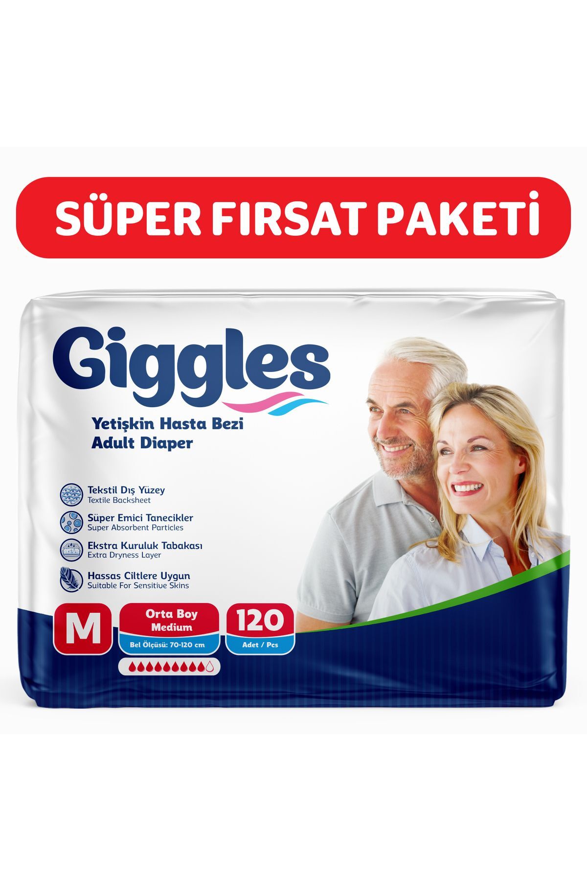 Giggles Yetişkin Hasta Bezi Orta Boy (MEDİUM) 4 Paket (120 ADET) Bel Boy: 70 - 120 Cm