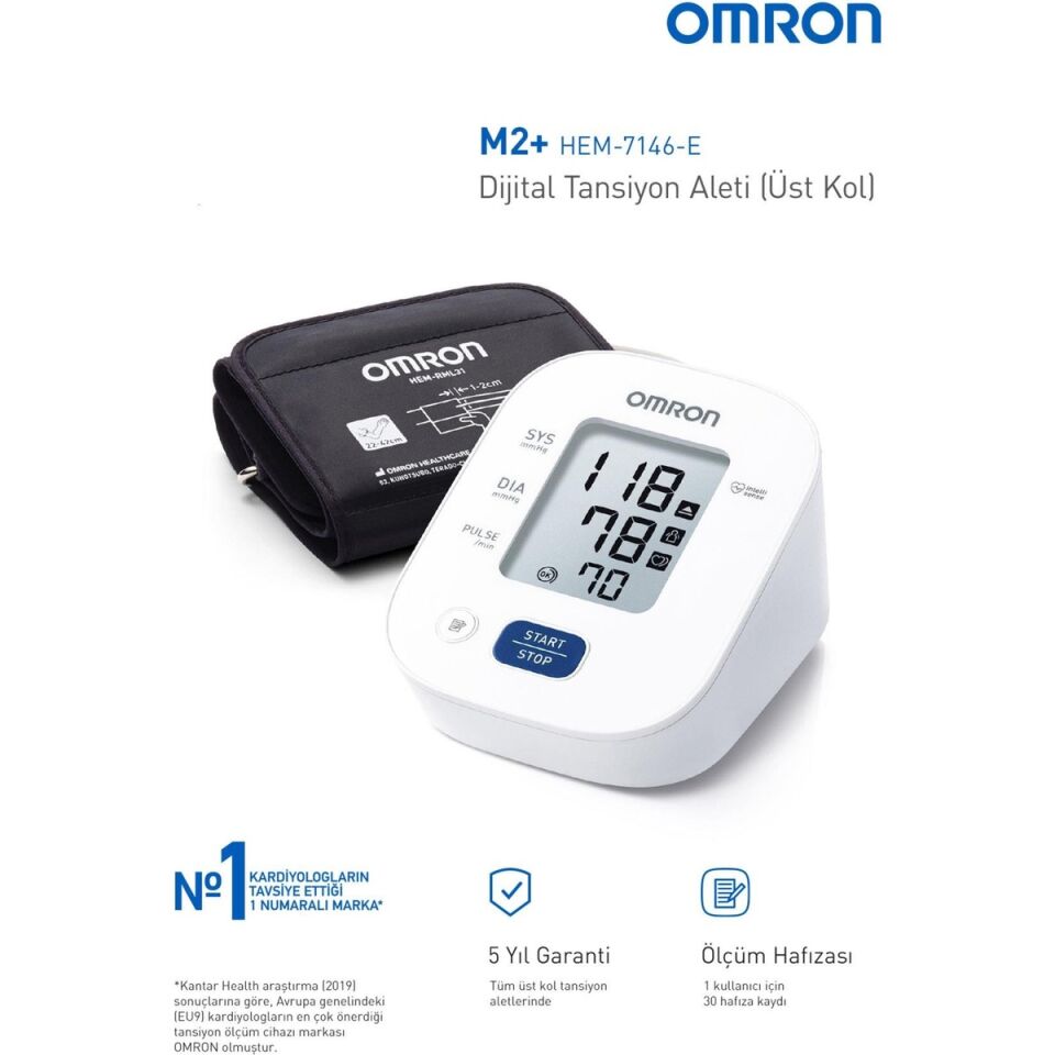 Omron M2+ 30 Ölçüm Hafızalı Geniş Manşetli Üst Koldan Ölçer Dijital Tansiyon Aleti HEM-7146-E