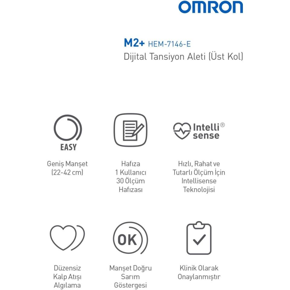 Omron M2+ 30 Ölçüm Hafızalı Geniş Manşetli Üst Koldan Ölçer Dijital Tansiyon Aleti HEM-7146-E