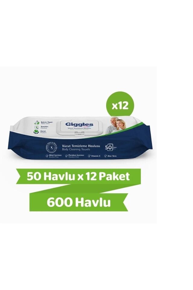 Giggles Vücut Temizleme Havlusu 50'li 12 Paket 600 Havlu