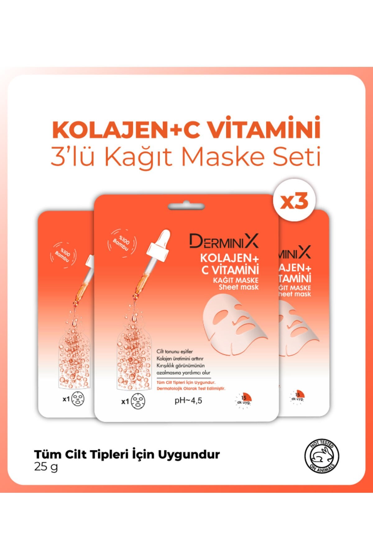 Derminix Kolajen C Vitamini Leke Karşıtı Yüz Kağıt Maskesi 3'lü