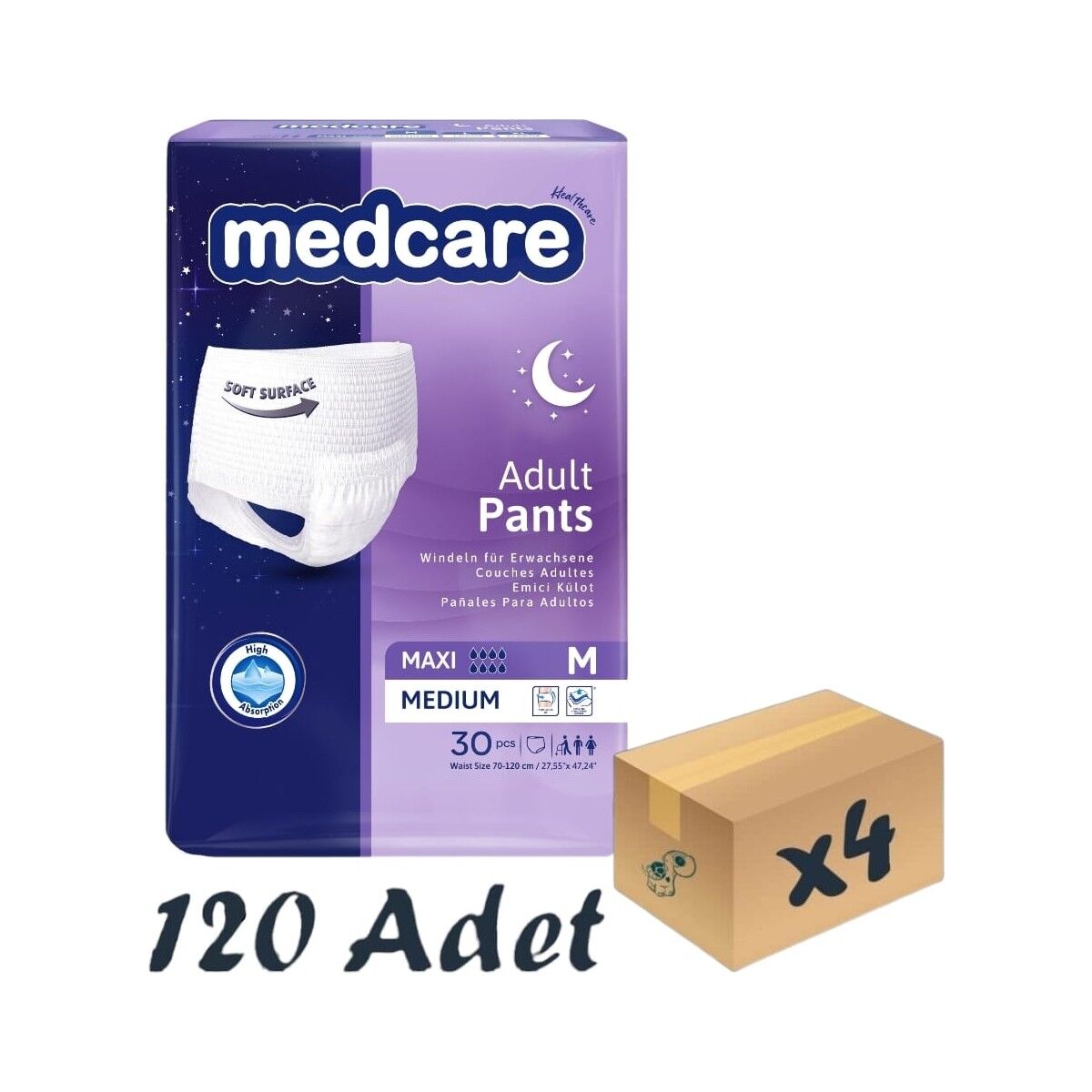 Maxi Emici Külot - Yetişkin Hasta Bezi - Medium Beden - 8 Damla - 30'lu Paket x 4 Adet