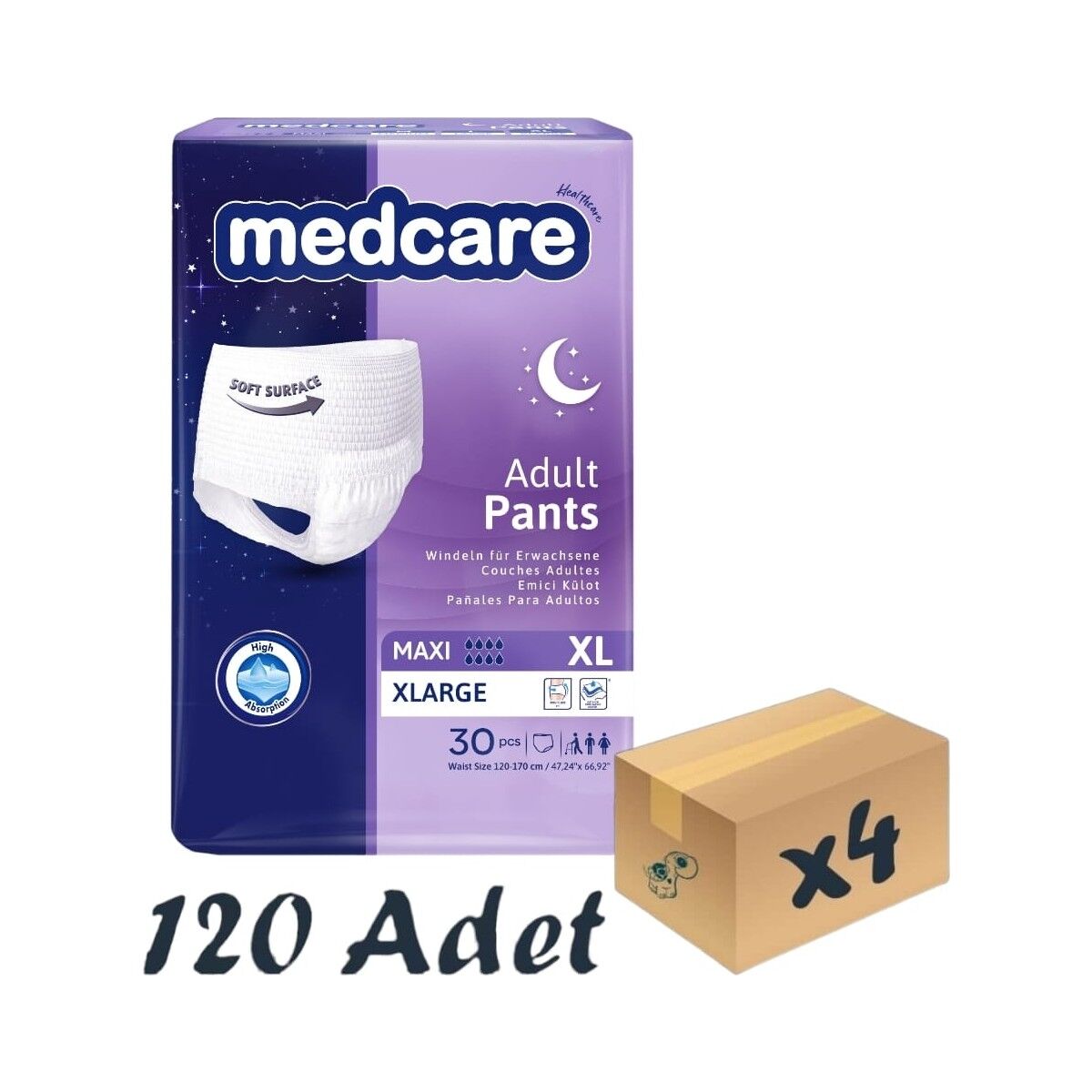Maxi Emici Külot - Yetişkin Hasta Bezi - Xlarge Beden - 8 Damla - 30'lu Paket x 4 Adet