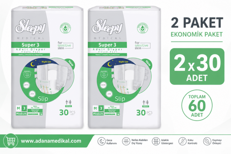 Sleepy Süper3 Belbantlı Hasta Bezi M Beden 2 Paket 60 Adet