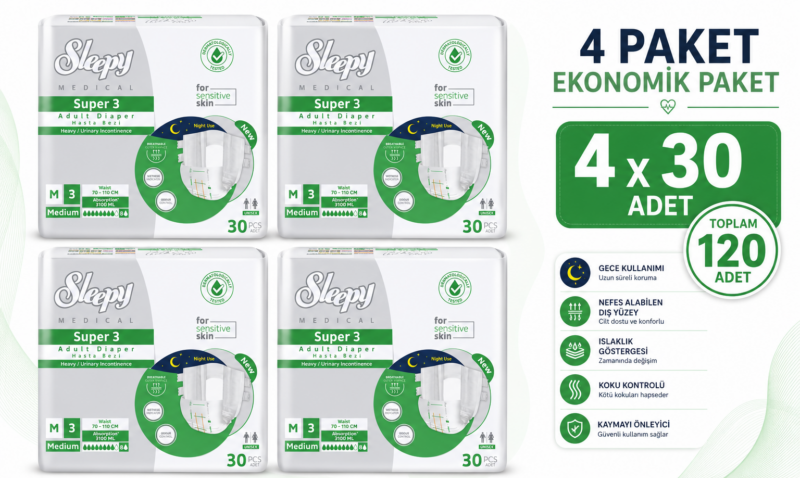 Sleepy Süper3 Belbantlı Hasta Bezi M Beden 4 Paket 120 Adet