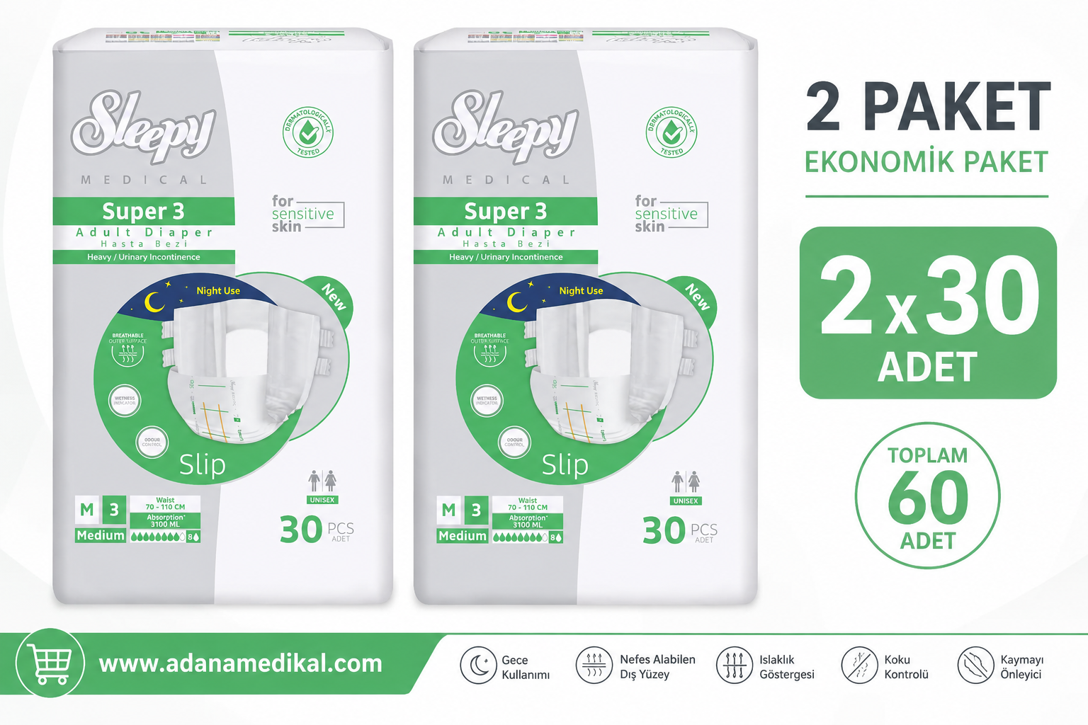 Sleepy Süper3 Belbantlı Hasta Bezi L Beden 2 Paket 60 Adet