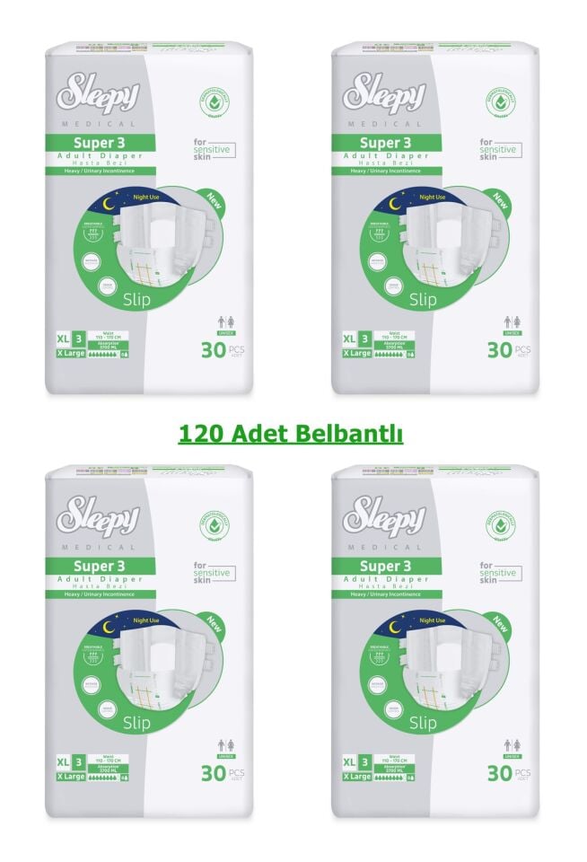 Sleepy Süper3 Belbantlı Hasta Bezi XL Beden 4 Paket 120 Adet