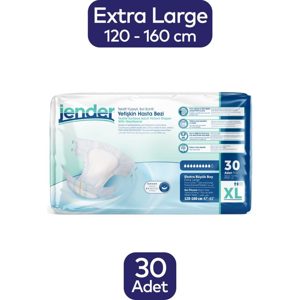 Jender Tekstil Yüzeyli Bel Bantlı Yetişkin Hasta Bezi XLarge 30lu 2 Paket (60 Adet)