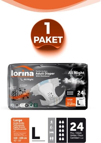 Lorina Allnight Aktif Karbon Gümüş İyon Bel Bantlı Hasta Bezi Large 24lü