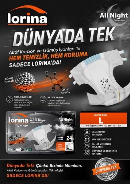 Lorina Allnight Aktif Karbon Gümüş İyon Bel Bantlı Hasta Bezi Large 24lü
