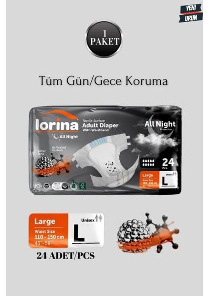 Lorina Allnight Aktif Karbon Gümüş İyon Bel Bantlı Hasta Bezi Large 24lü