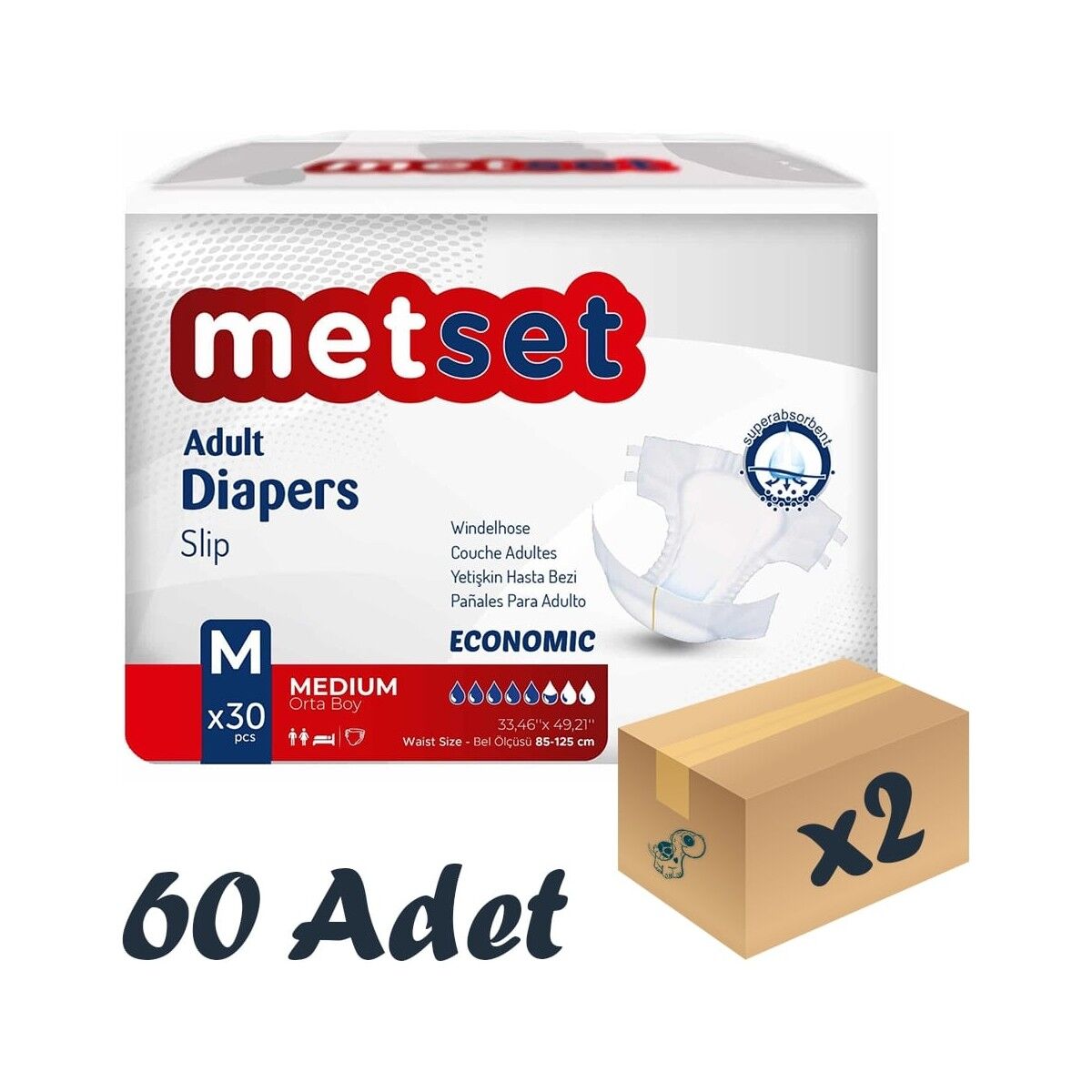 Metset Ekonomik Bel Bantlı Yetişkin Hasta Bezi 5,5 Damla Medium Orta Boy M Beden 30'lu 2 Paket 60 Adet