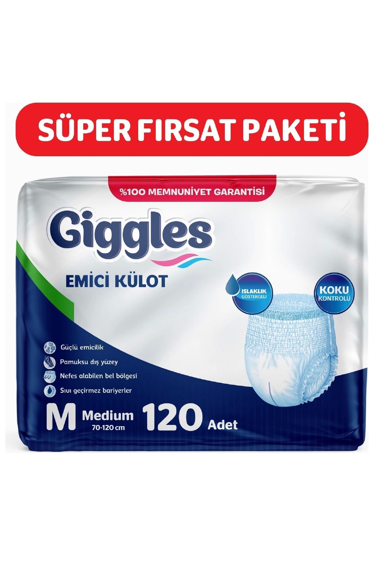 Giggles Yetişkin Emici Külot Bez Orta Boy (MEDİUM) 30'lu 4 Paket (120 ADET) Bel Boy 70-120 Cm